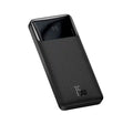 Matte black Baseus Bipow 15W 10000mAh power bank with glossy LED digital display window showing one hundred percent battery capacity.