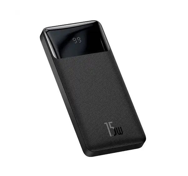Matte black Baseus Bipow 15W 10000mAh power bank with glossy LED digital display window showing one hundred percent battery capacity.