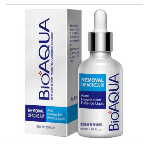 A 30ml glass dropper bottle of Bioaqua Anti-Acne Serum Removal of Acne, formulated with Salicylic Acid to clear pimples, blackheads, and oily skin.