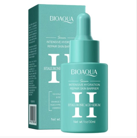 30ml blue glass dropper bottle of Bioaqua Hyaluronic Acid Serum, a lightweight hydrating liquid formulated with ceramides for dry and sensitive skin.