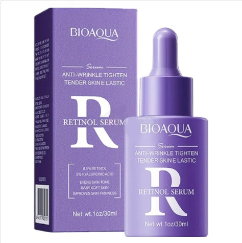 30ml amber glass dropper bottle of Bioaqua R Retinol Serum, a lightweight anti-aging skin renewal liquid formulated for fine lines, large pores, and hydration.