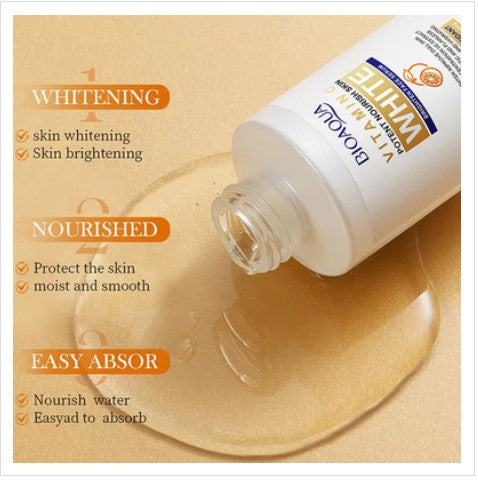 A 30ml glass dropper bottle of Bioaqua Vitamin C White Brighten Face Serum, formulated with Niacinamide and Hyaluronic Acid for glowing, spot-free skin.
