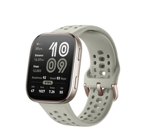 Black Amazfit Bip 6 BT calling smartwatch featuring a square aluminum alloy frame with a 1.97-inch AMOLED touchscreen display showing custom fitness widgets.