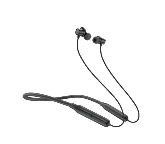 Black Foneng BL34 wireless bluetooth neckband earphone featuring 45-degree ergonomic magnetic earbuds and flexible collar band with volume control buttons.