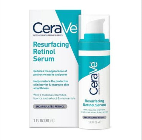 A 30ml pump bottle of CeraVe Resurfacing Retinol Serum with ceramides and niacinamide for post-acne marks, sitting on a clean white background.