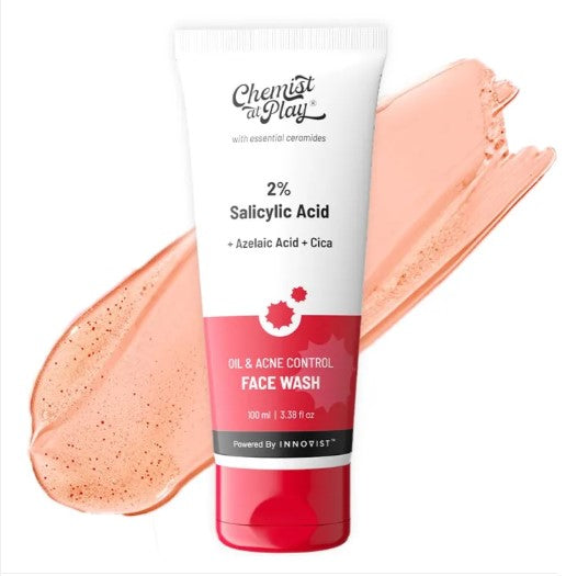 A bottle of Chemist at Play 2% Salicylic Acid Face Wash with Niacinamide and Cica, formulated to control oil and clear acne for oily skin types.