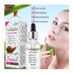 A 30ml glass dropper bottle of Collagen Deep Cleansing Snail Face Serum, formulated with Snail Mucin and Hyaluronic Acid to hydrate dry and aging skin.