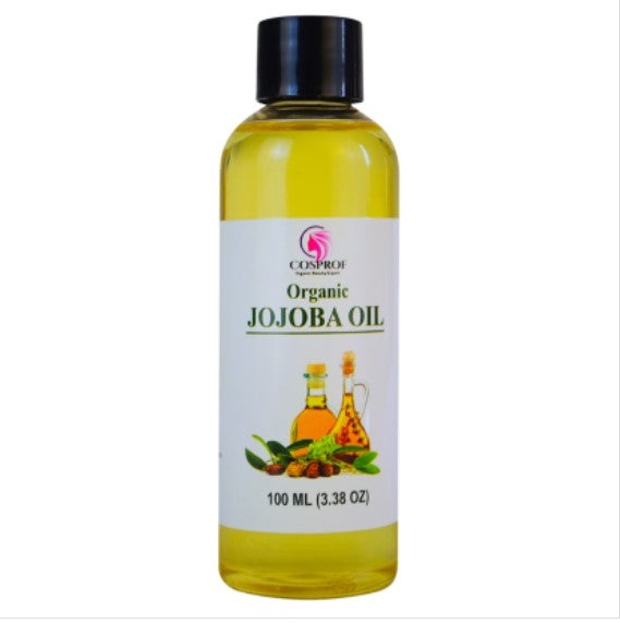 A glass dropper bottle of Cosprof 100% Organic Jojoba Oil for face, body, and hair care, showing pure golden cold-pressed oil inside.
