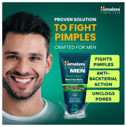 A 100ml green and white tube of Himalaya Men Acne Clear Neem Face Wash designed for oily skin, pimple prevention, and deep cleansing.