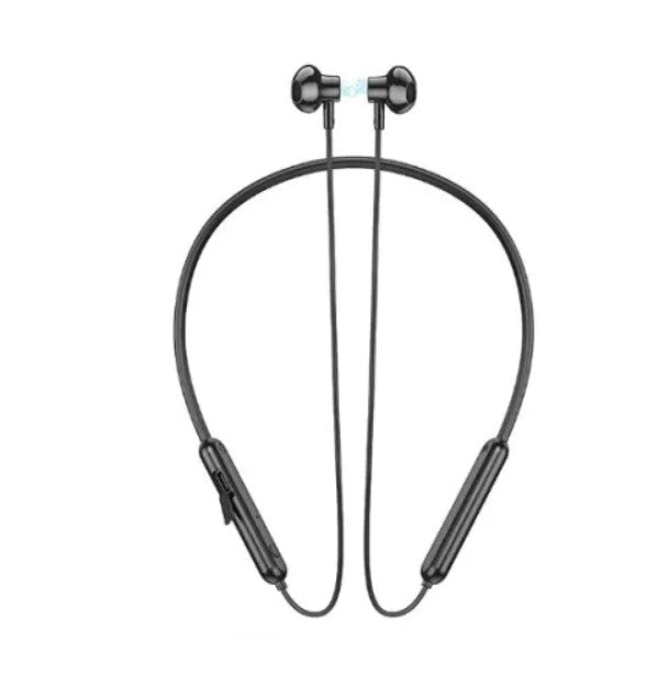 Black Hoco ES67 wireless bluetooth neckband earphone displaying 14.2mm magnetic earbuds, inline volume control buttons, and flexible silicone collar piece.