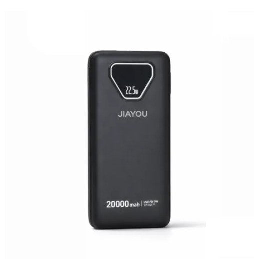 Black Jiayou Thunder 8 20000mAh power bank featuring a glossy smart LED digital battery display and multiple USB-A, Type-C, and Lightning charging ports.