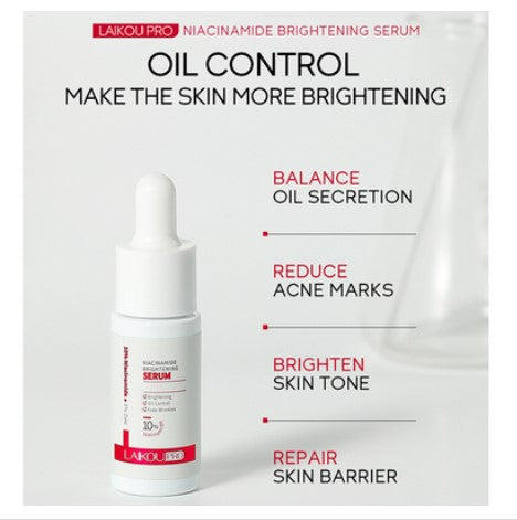 A 17ml glass dropper bottle of Laikou Pro Niacinamide Brightening Serum with Zinc PCA, formulated for dark spot reduction, pore shrinking, and oil control.