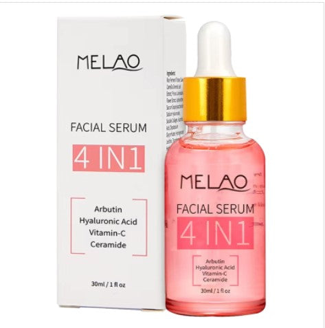 A 30ml glass dropper bottle of MELAO Whitening Lightening Hydra Nourishing 4 in 1 Face Serum, featuring a hydrating active blend of Niacinamide, Vitamin C, and Hyaluronic Acid for brightening dull skin.