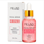 A 30ml glass dropper bottle of MELAO Whitening Lightening Hydra Nourishing 4 in 1 Face Serum, featuring a hydrating active blend of Niacinamide, Vitamin C, and Hyaluronic Acid for brightening dull skin.