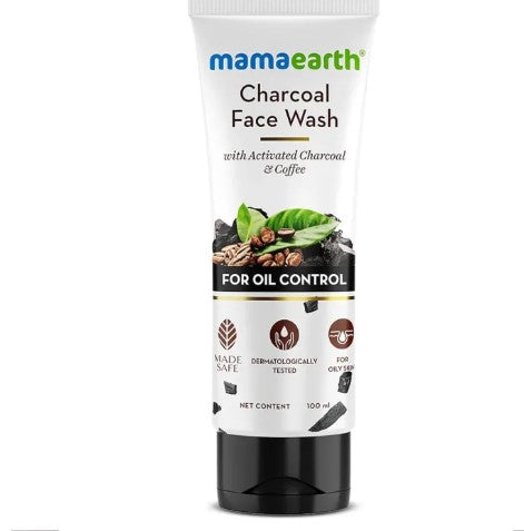A 100ml tube of Mamaearth Charcoal Face Wash for Oil Control, featuring activated charcoal and coffee extract for oily skin and pollution defense.