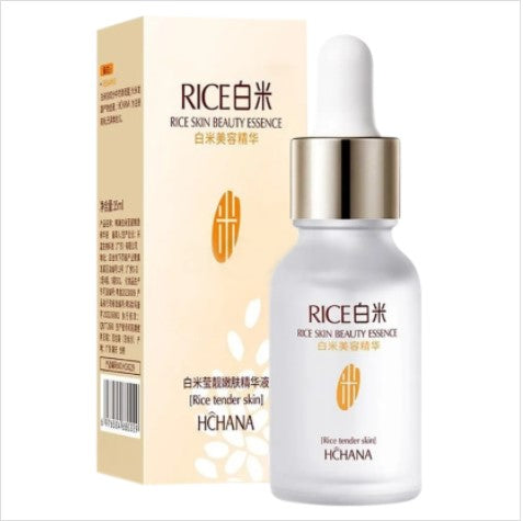 15ml glass dropper bottle of ROREC Rice Skin Beauty Essence Serum, a lightweight hydrating and brightening liquid for dull skincare routines.