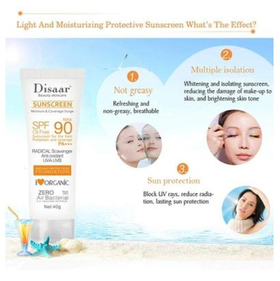 Disaar Sunscreen SPF 90 Instant Protection UVA UVB Foundation PA plus plus plus Oil Free Sunblock