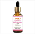 A 30ml glass dropper bottle of Skin'O Advanced Brightening Serum containing Niacinamide and Alpha Arbutin for dark spot reduction and skin hydration.