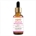 A 30ml glass dropper bottle of Skin'O Advanced Brightening Serum containing Niacinamide and Alpha Arbutin for dark spot reduction and skin hydration.