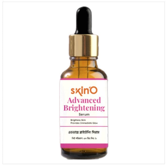 A 30ml glass dropper bottle of Skin'O Advanced Brightening Serum containing Niacinamide and Alpha Arbutin for dark spot reduction and skin hydration.
