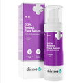 The Derma Co 0.3% Retinol Face Serum 30ml bottle resting on a clean surface, highlighting its anti-aging, Vitamin C, and Glycerin formula for dark spots and fine lines.
