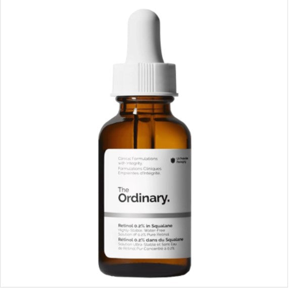 30ml glass dropper bottle of The Ordinary Retinol 0.2% in Squalane beginner anti-aging serum for fine lines and uneven skin tone.